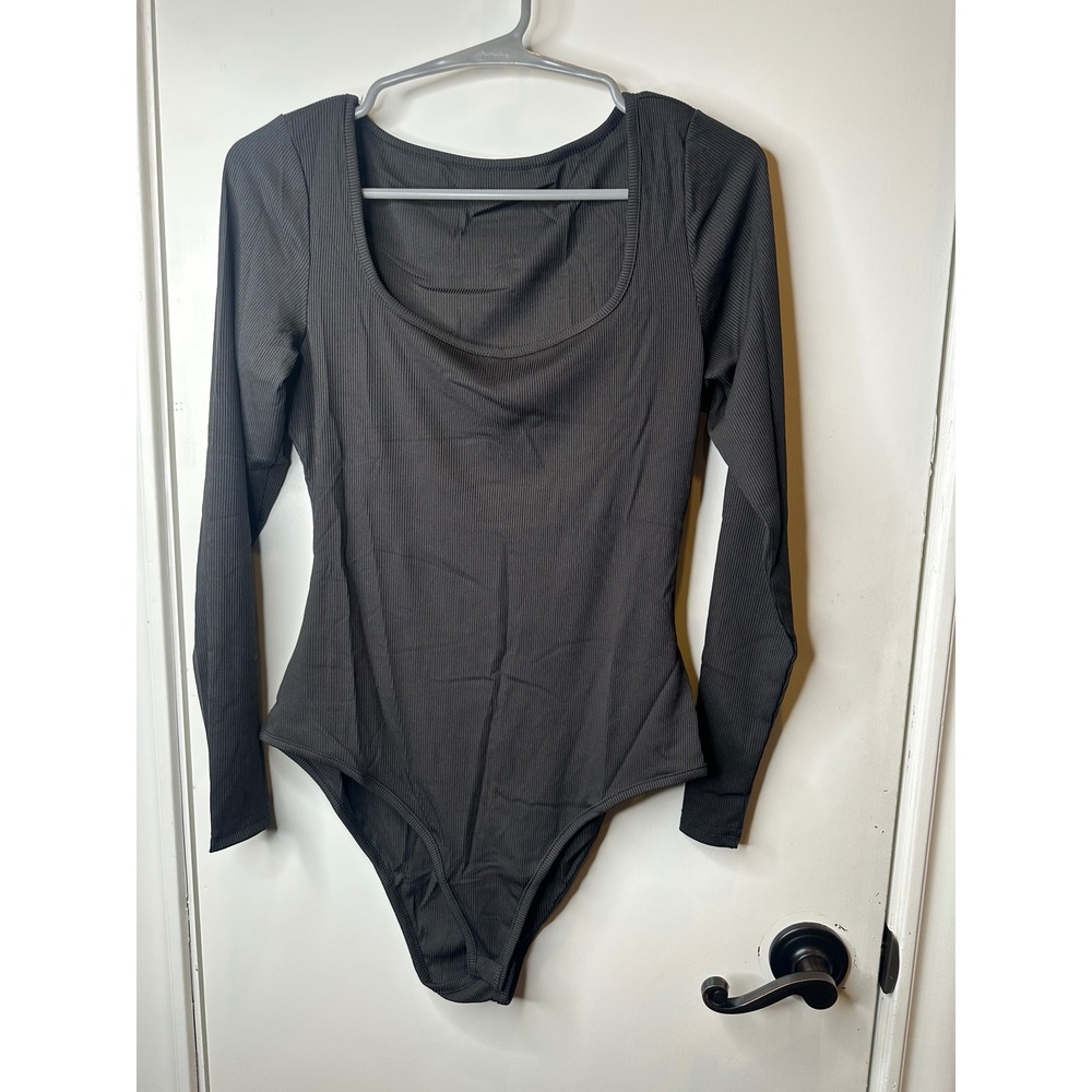 Unbranded Womens Ribbed Long Sleeve Scoop Neck Bodysuit Charcoal Grey Size M
